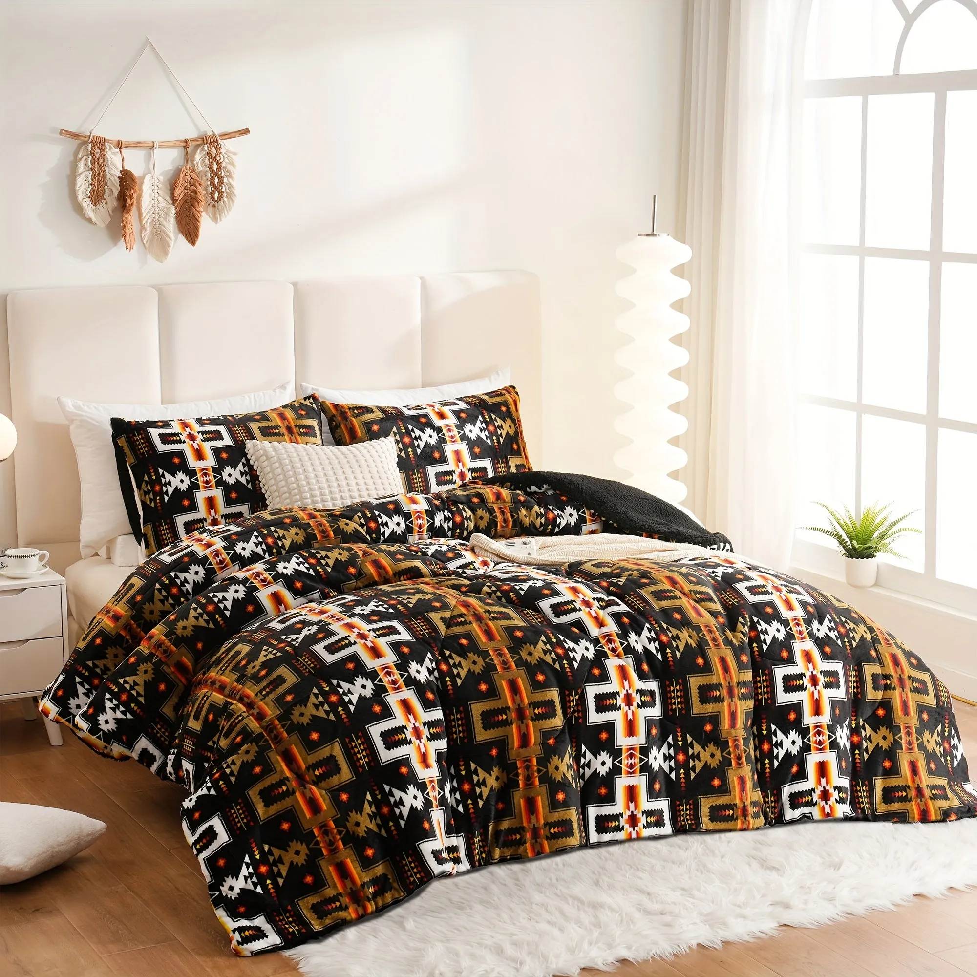 3pcs Fashion Fleece Flannel Comforter Set (1*Comforter + 2*Pillowcase, Without Core), Southwestern Style Geometric Print Bedding