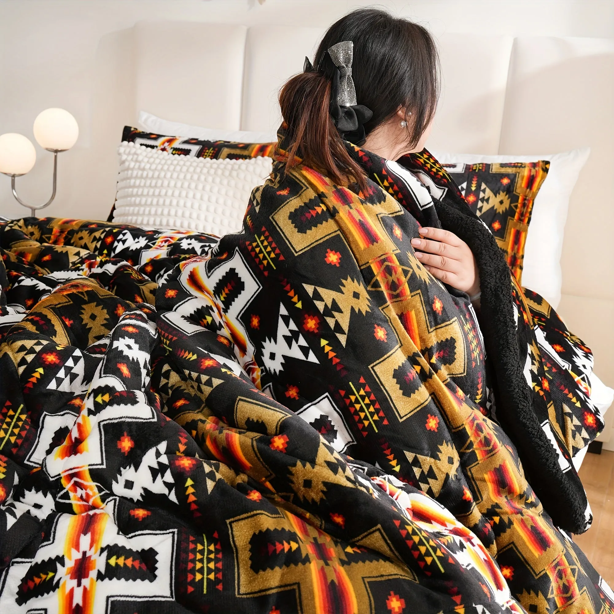 3pcs Fashion Fleece Flannel Comforter Set (1*Comforter + 2*Pillowcase, Without Core), Southwestern Style Geometric Print Bedding