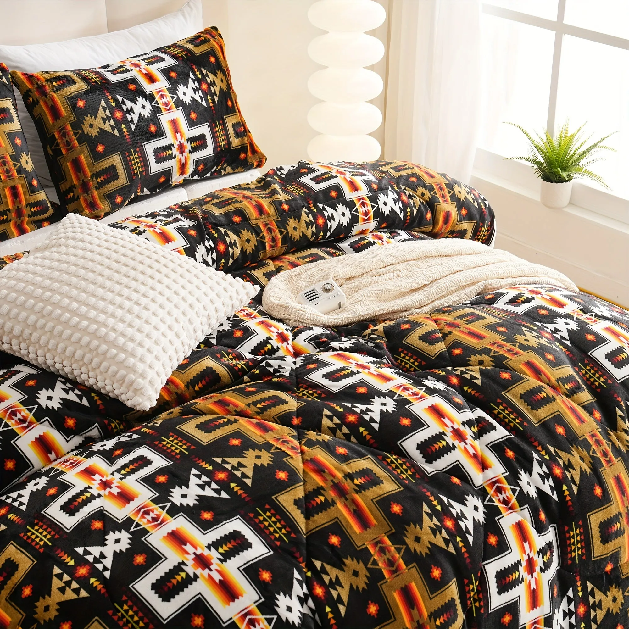 3pcs Fashion Fleece Flannel Comforter Set (1*Comforter + 2*Pillowcase, Without Core), Southwestern Style Geometric Print Bedding