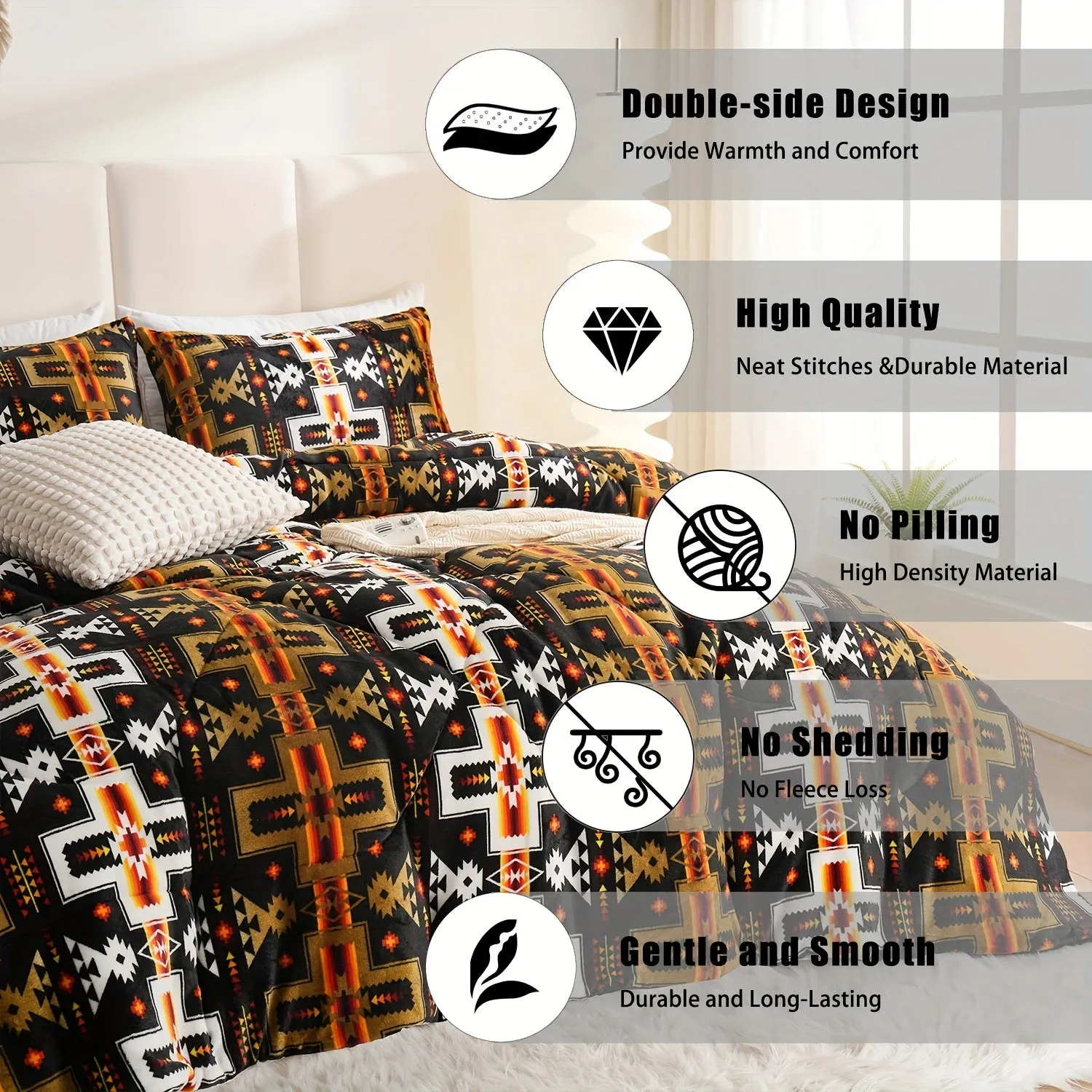 3pcs Fashion Fleece Flannel Comforter Set (1*Comforter + 2*Pillowcase, Without Core), Southwestern Style Geometric Print Bedding