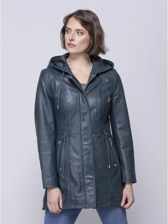 Ambleside Hooded Leather Coat in Navy