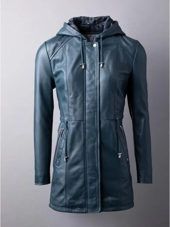 Ambleside Hooded Leather Coat in Navy