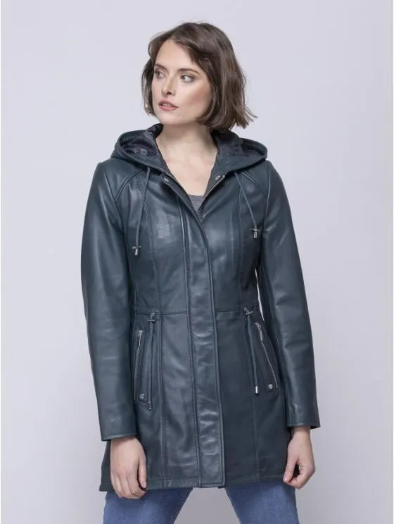 Ambleside Hooded Leather Coat in Navy