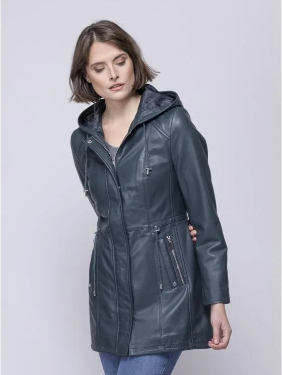 Ambleside Hooded Leather Coat in Navy