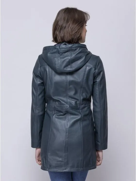 Ambleside Hooded Leather Coat in Navy