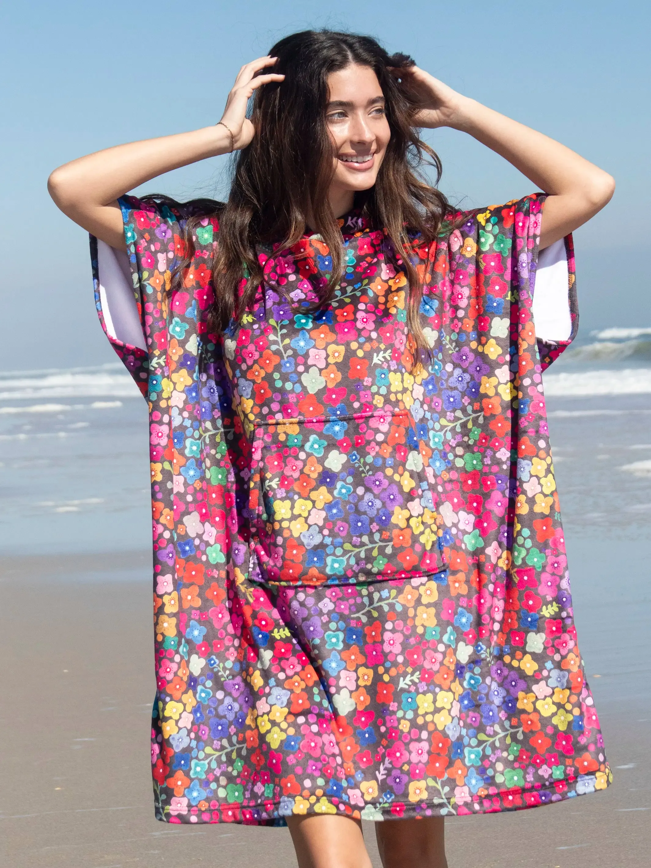 Beach Towel Changing Poncho - Rainbow Ditsy Black