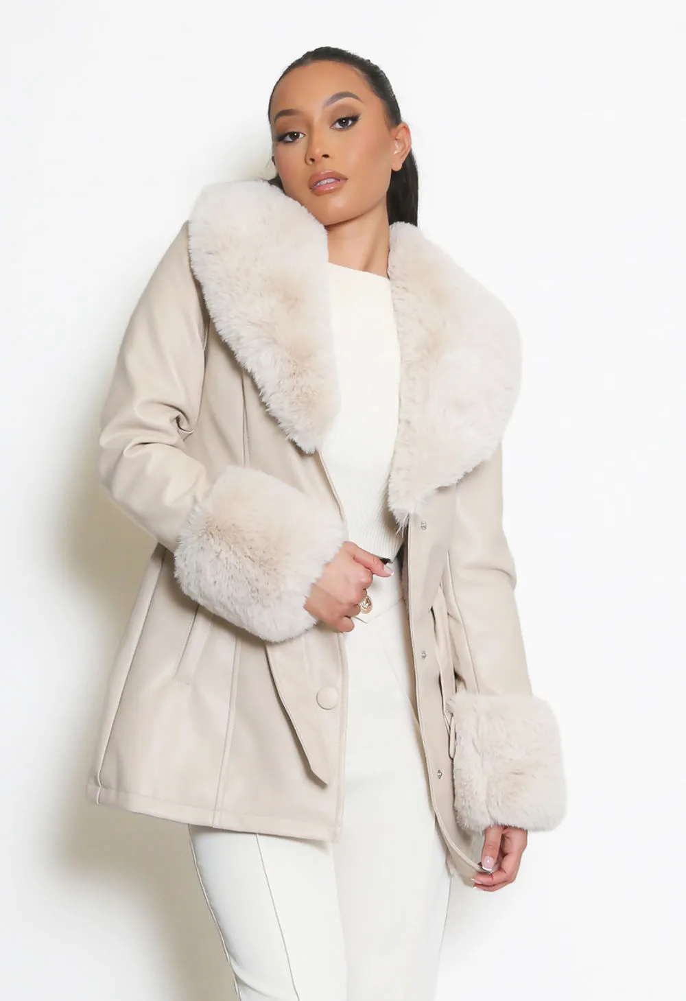 Beige Faux Fur Belted PU Coat