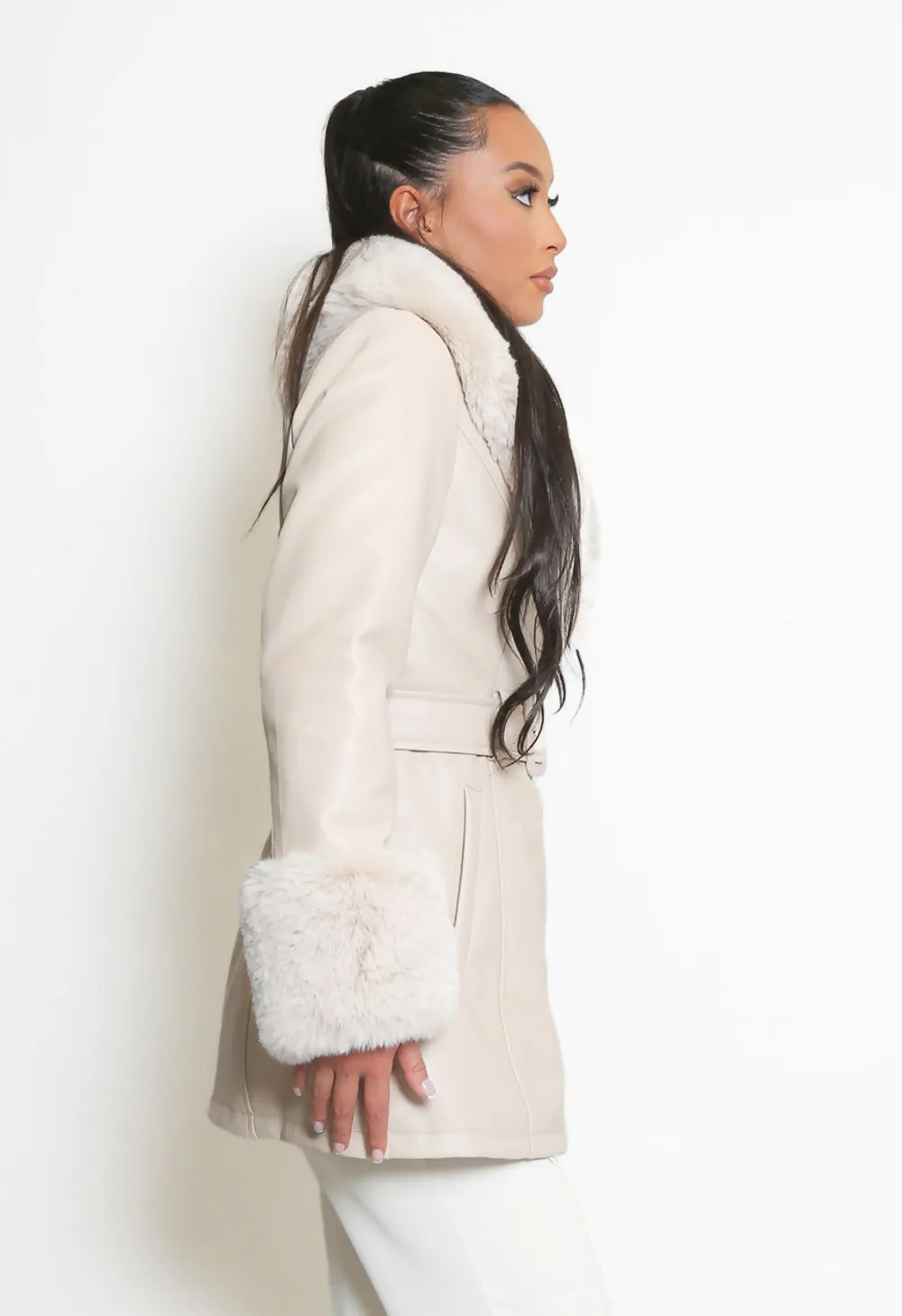 Beige Faux Fur Belted PU Coat