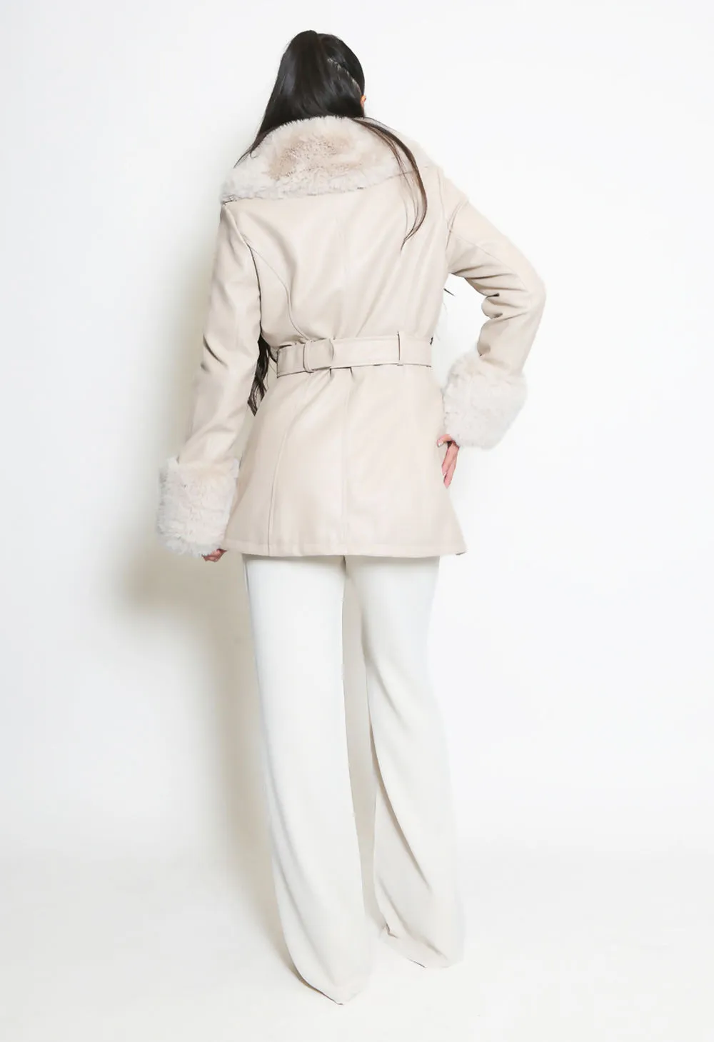 Beige Faux Fur Belted PU Coat