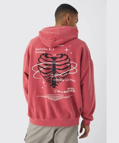 boohoo Mens Oversized Washed Skeleton Heart Back Graphic Hoodie