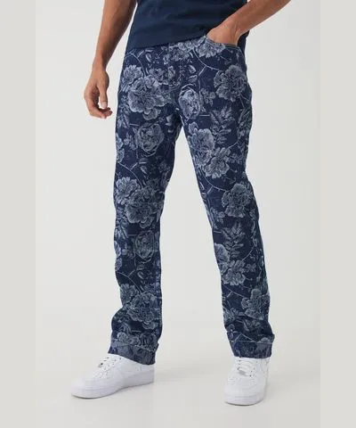 boohooMAN Mens Straight Leg Floral Denim Jacquard Jeans