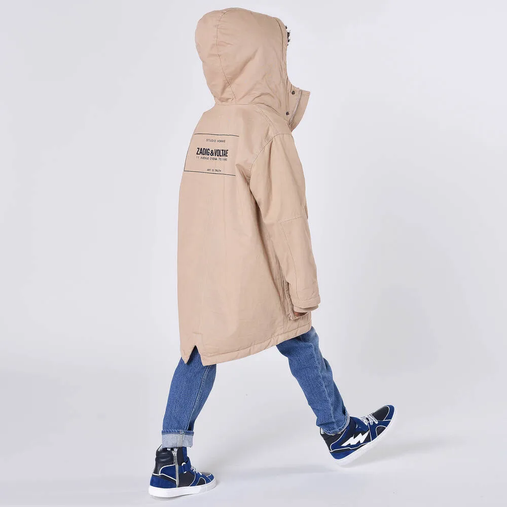 Boys Beige Cotton Hooded Parka Coat