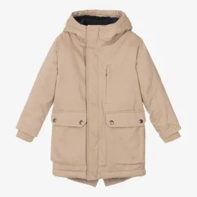 Boys Beige Cotton Hooded Parka Coat