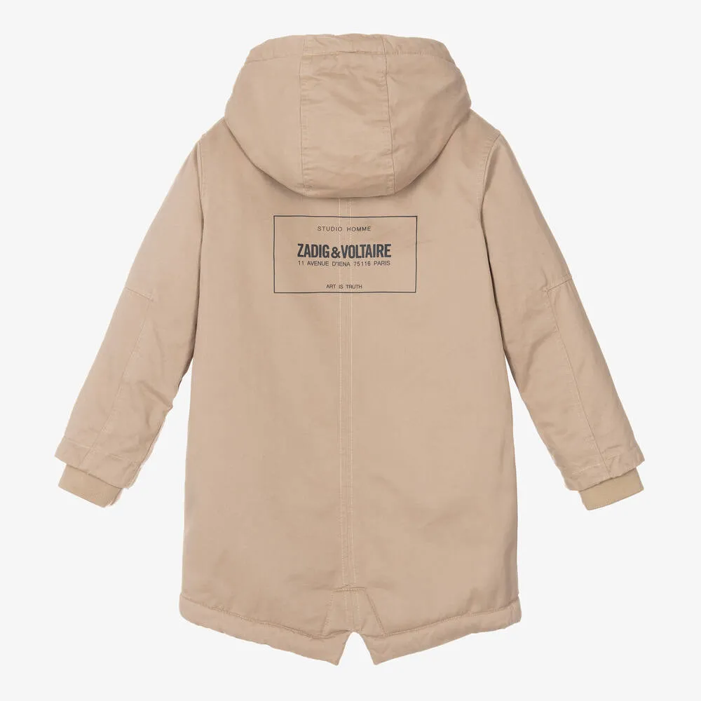 Boys Beige Cotton Hooded Parka Coat