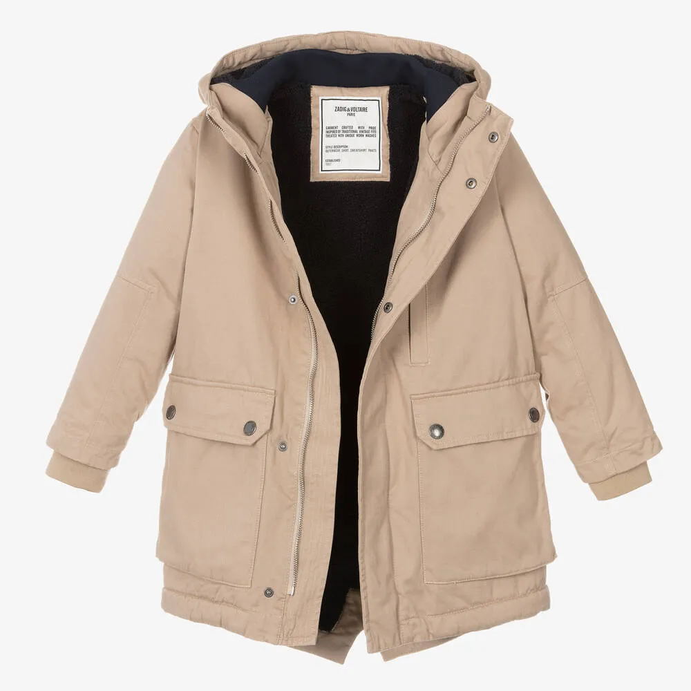 Boys Beige Cotton Hooded Parka Coat