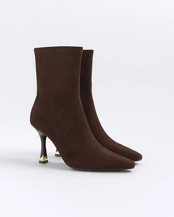 Brown Suedette Heeled Sock Boots