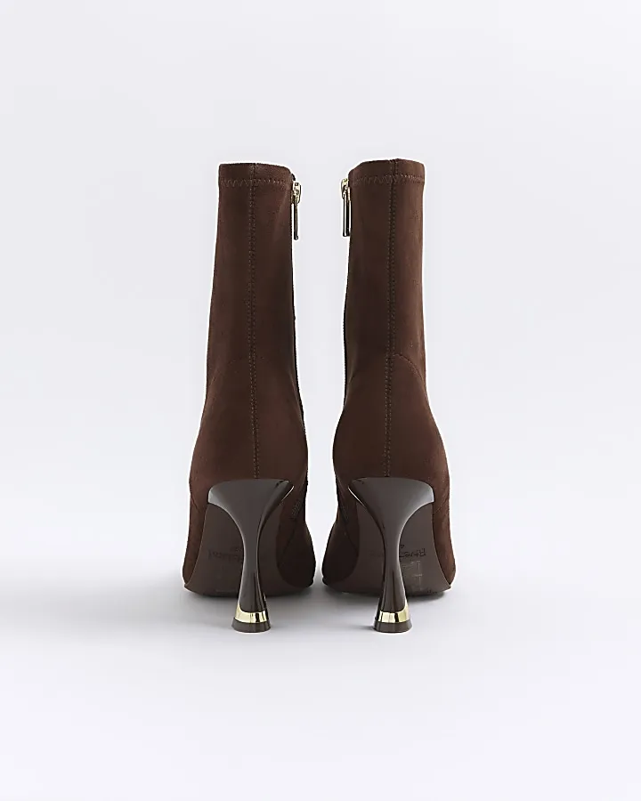 Brown Suedette Heeled Sock Boots