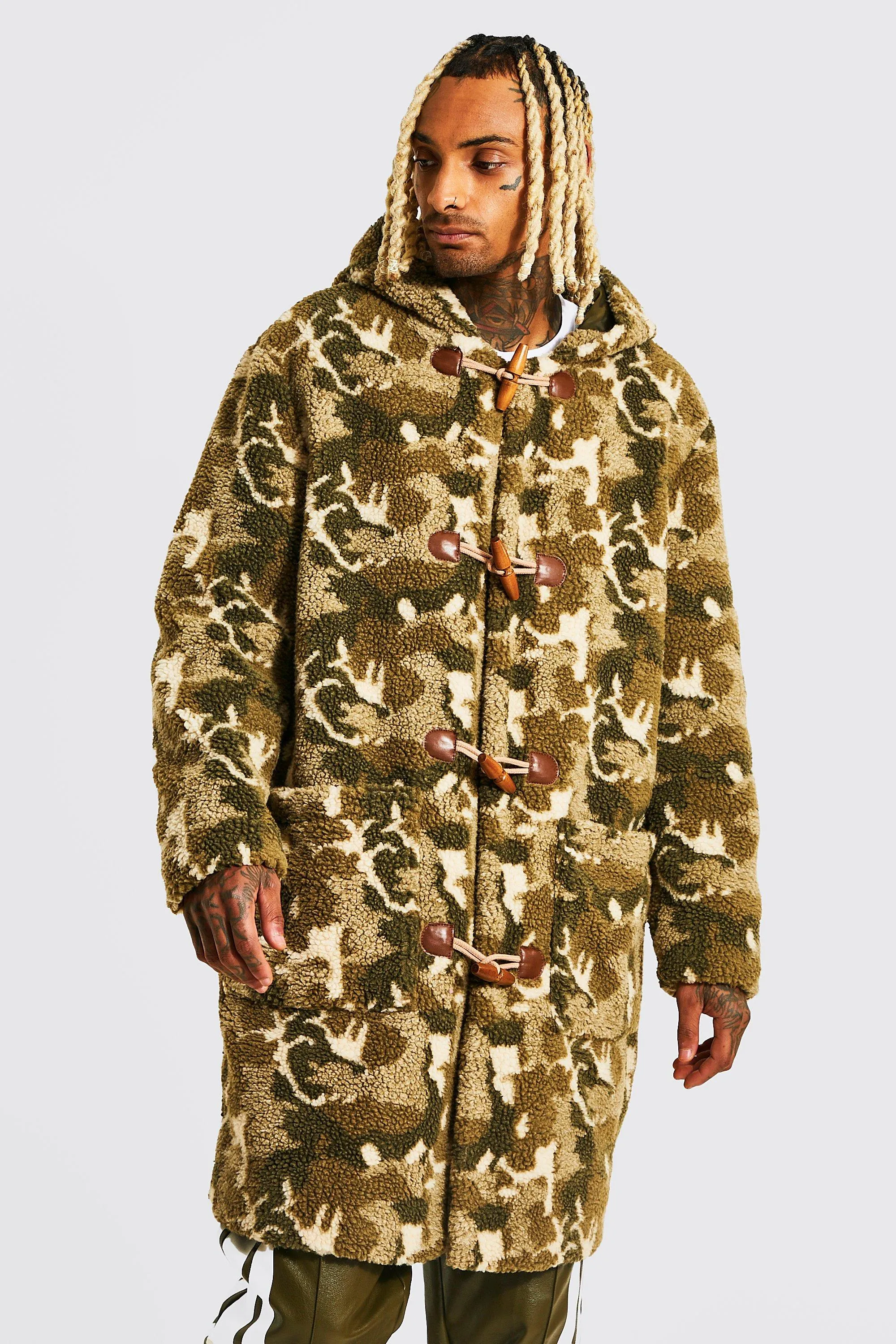 Camo Borg Duffle Coat | boohooMAN UK