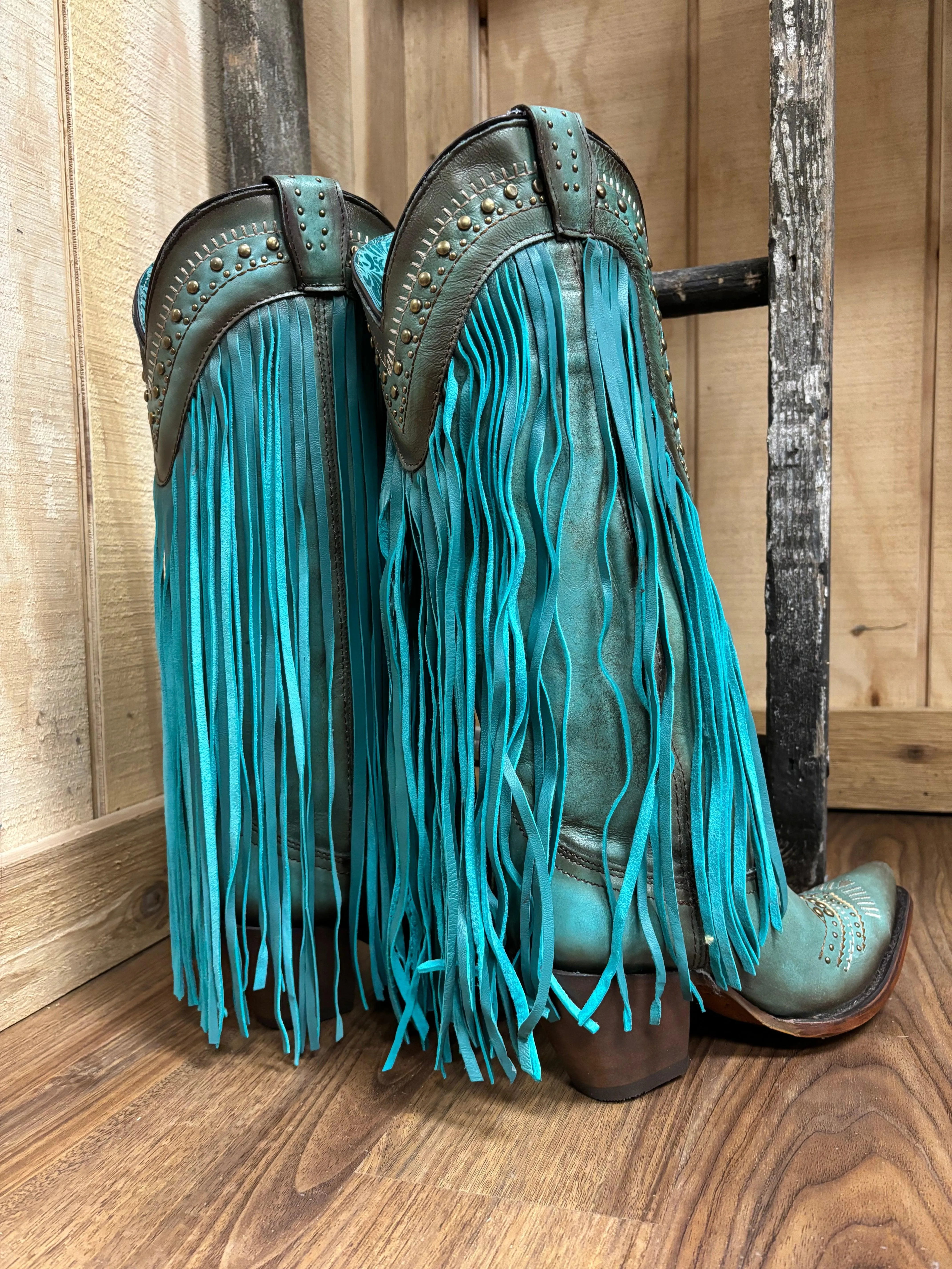 Corral Women's Turquoise Crystals & Studs Fringe Snip Toe Cowgirl Boots C4077