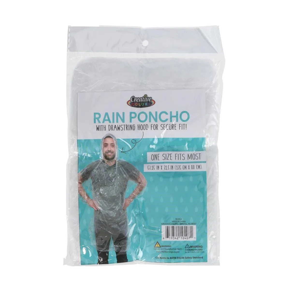 CTM Adult Clear Rain Poncho with Drawstring Hood