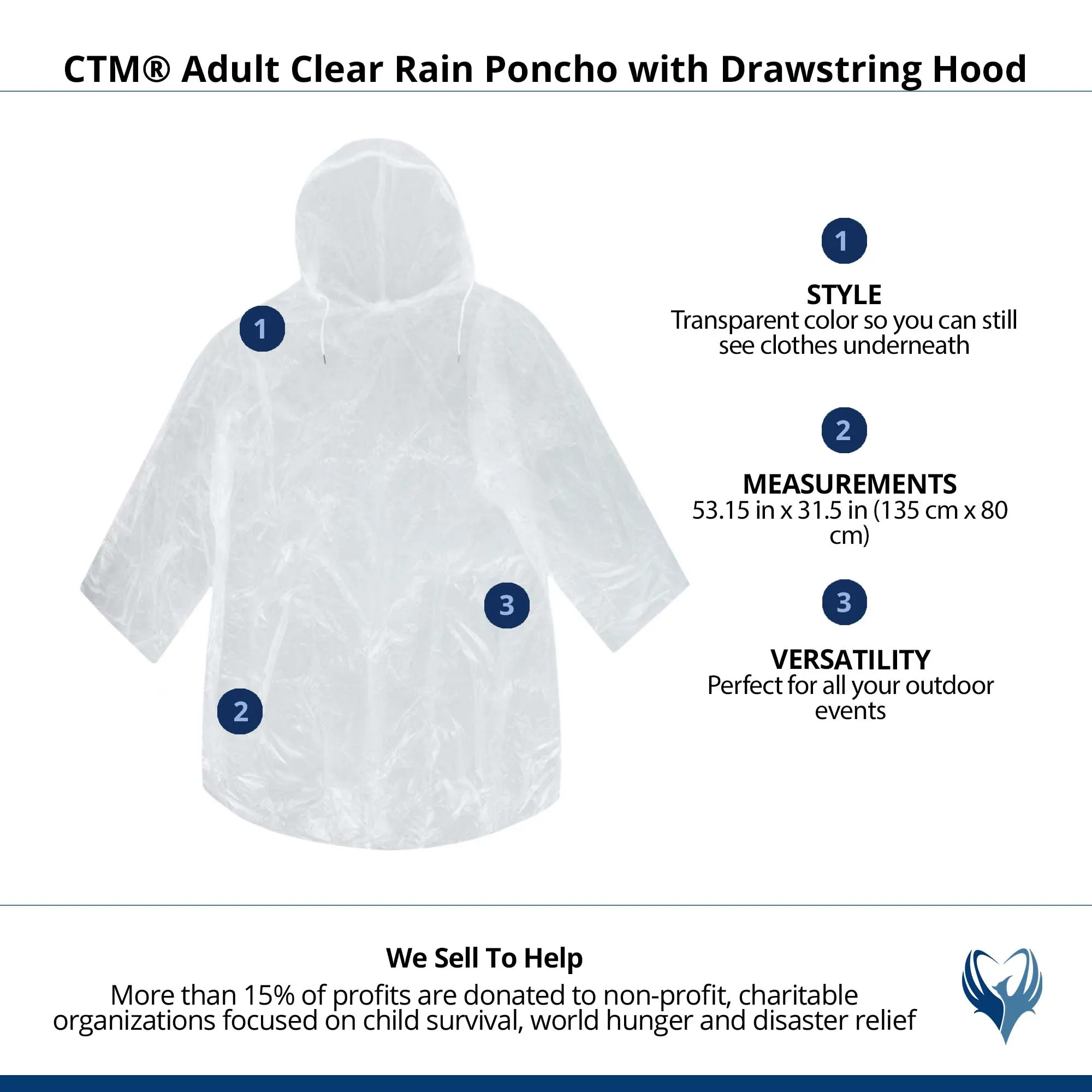 CTM Adult Clear Rain Poncho with Drawstring Hood