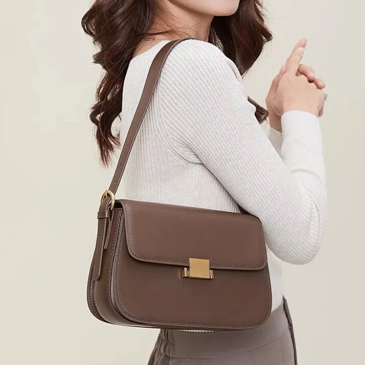 Cute Apricot, Brown, Black & Beige Minimalist Simple Slick Luxury Cowhide Leather Handbag for Women, Shoulder Bag, Messenger Bag