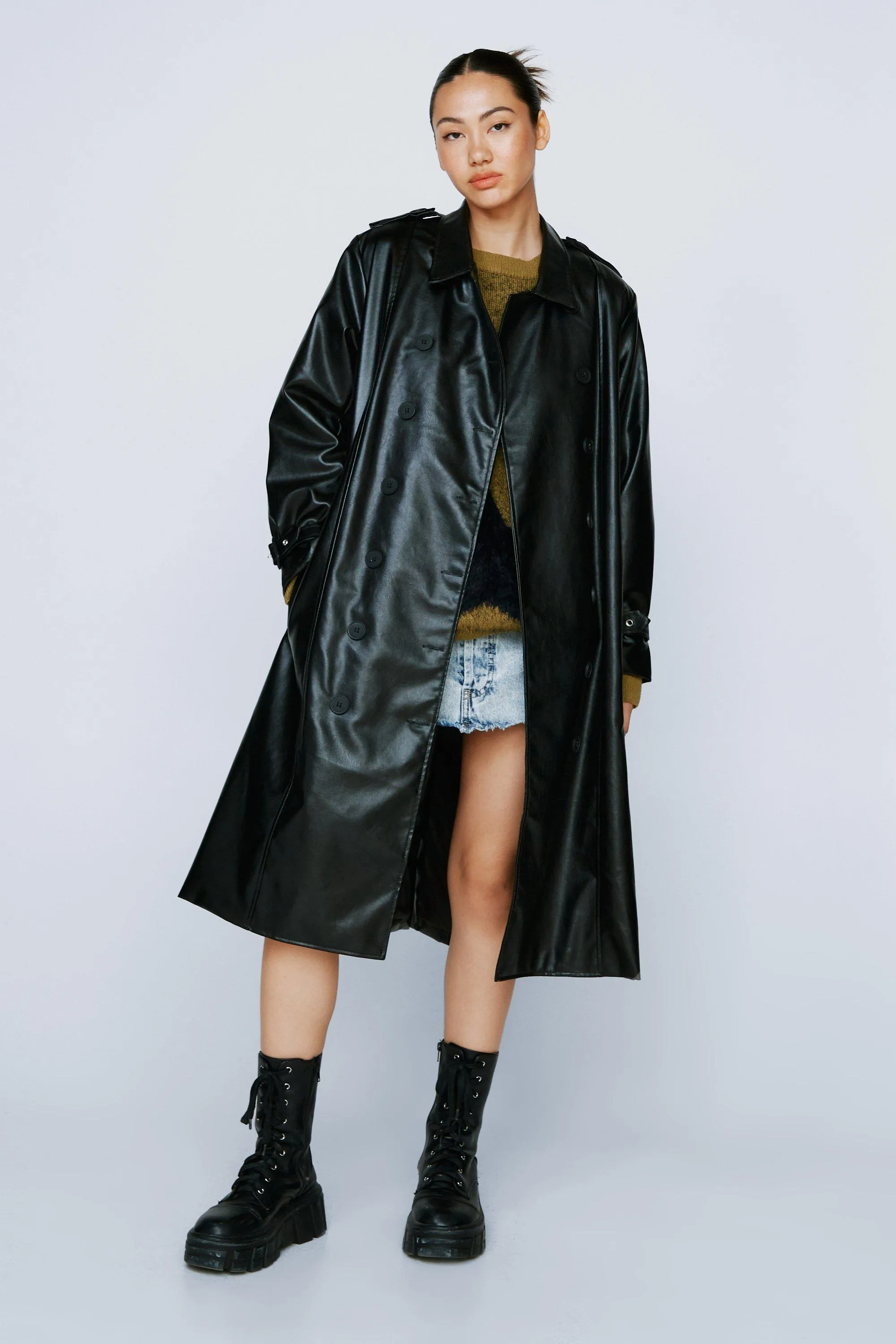 Faux Leather Belted Trench Coat