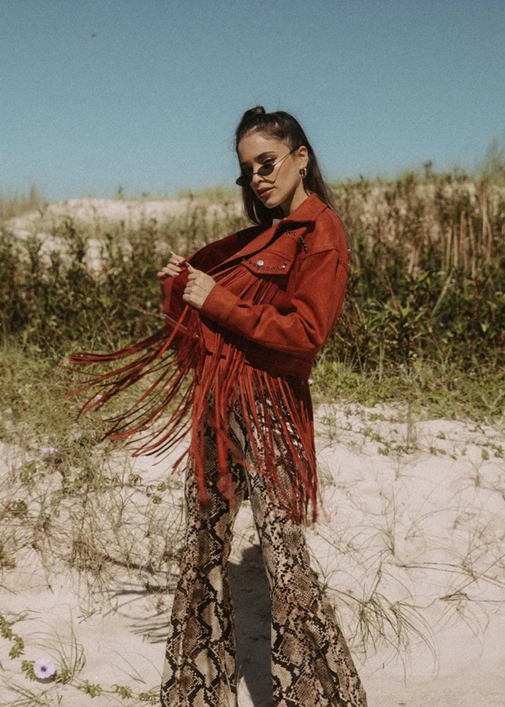 Festival Ready Red Fringe Jacket with Studs