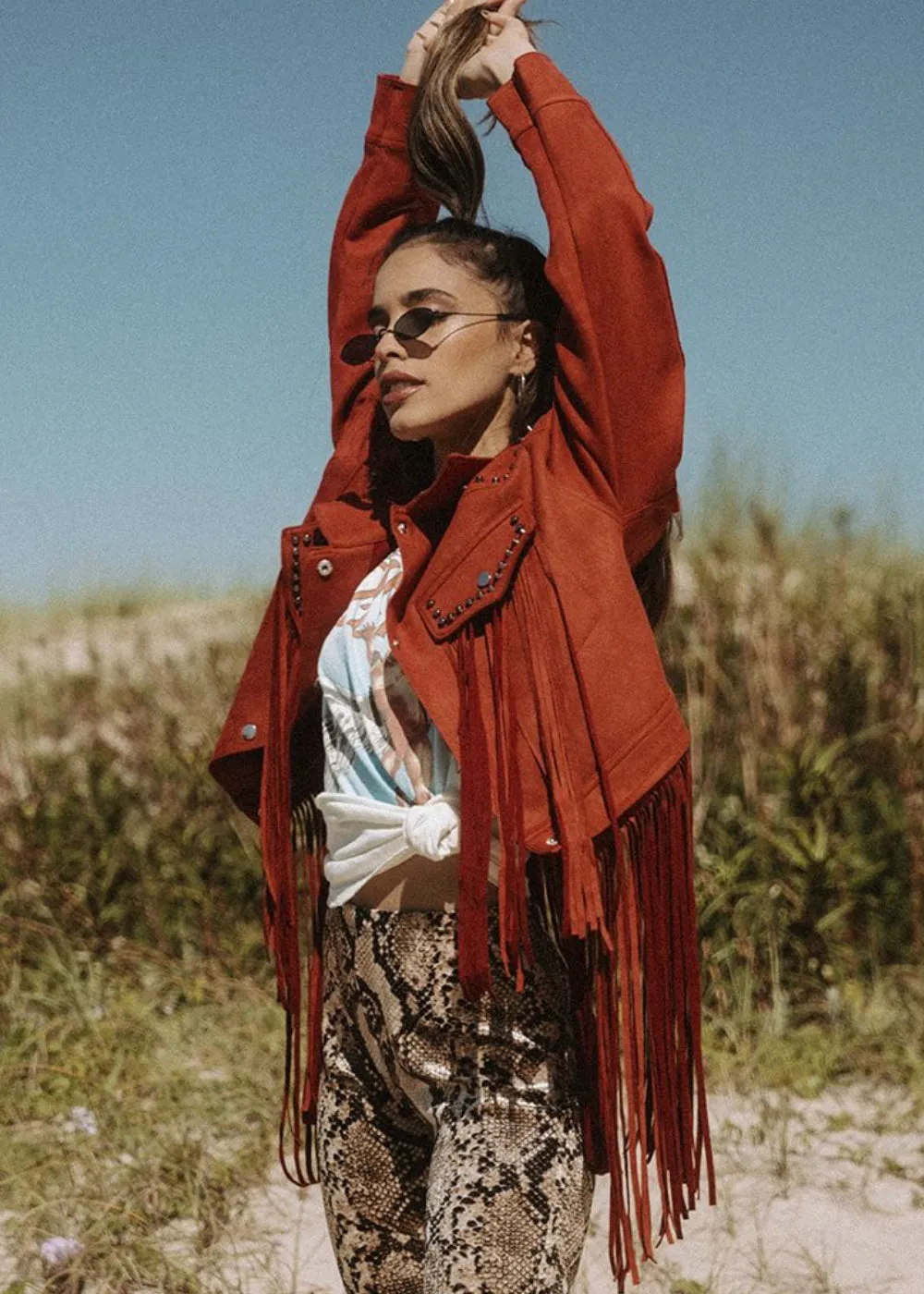 Festival Ready Red Fringe Jacket with Studs