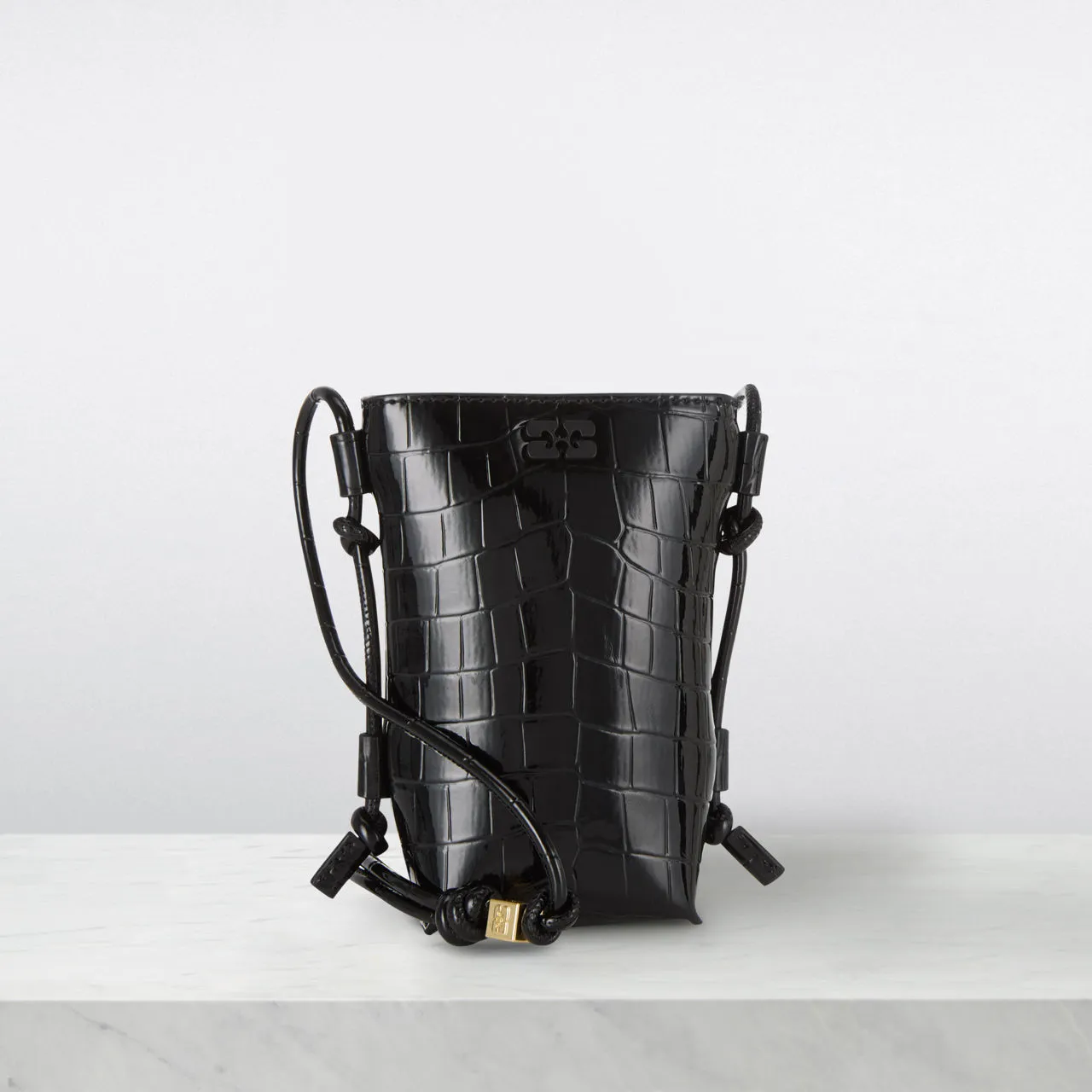 GANNI The Sustainable Edit Bou Croc-Embossed Pouch Crossbody Bag - Black