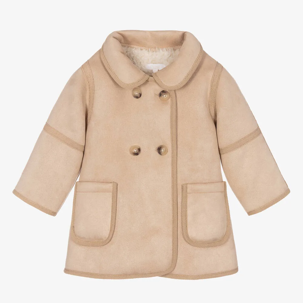 Girls Beige Faux Suede Coat