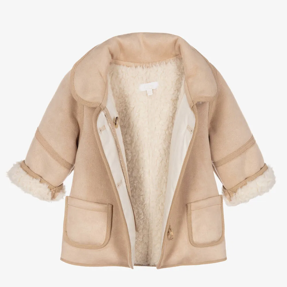 Girls Beige Faux Suede Coat