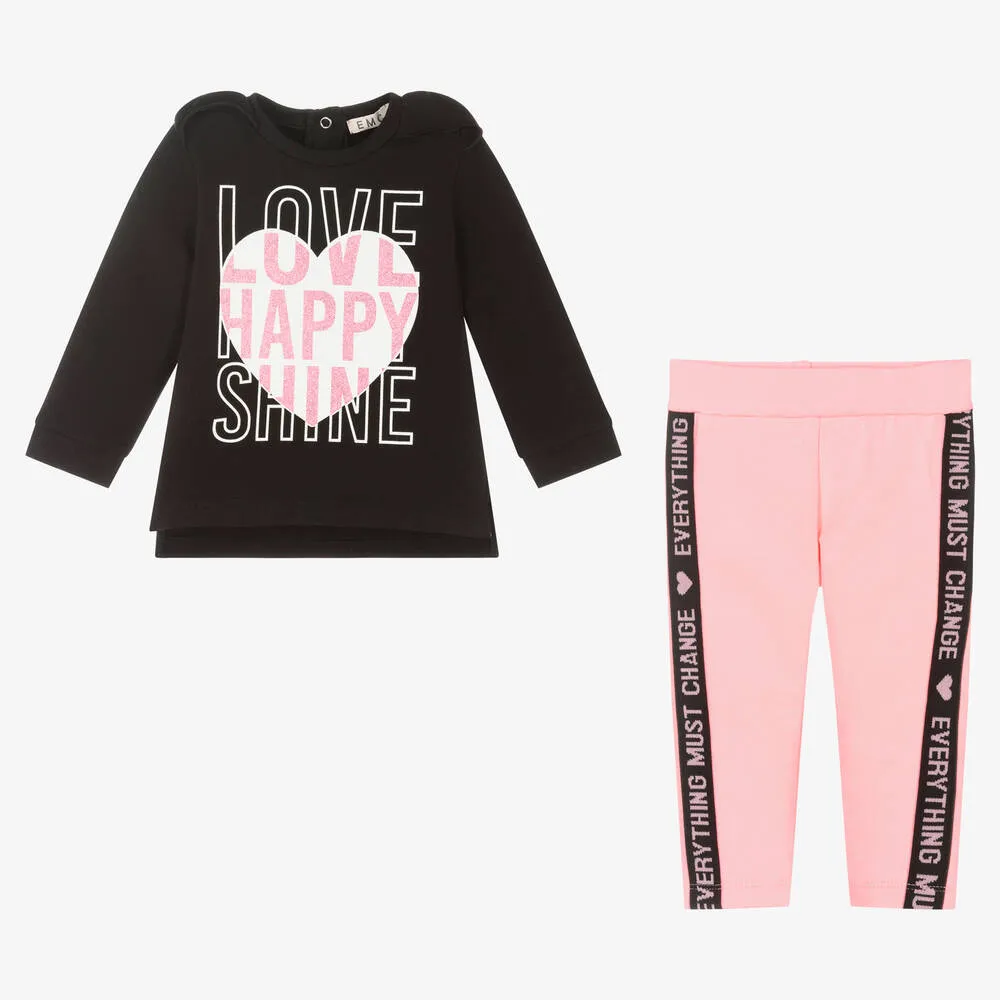 Girls Black & Pink Leggings Set