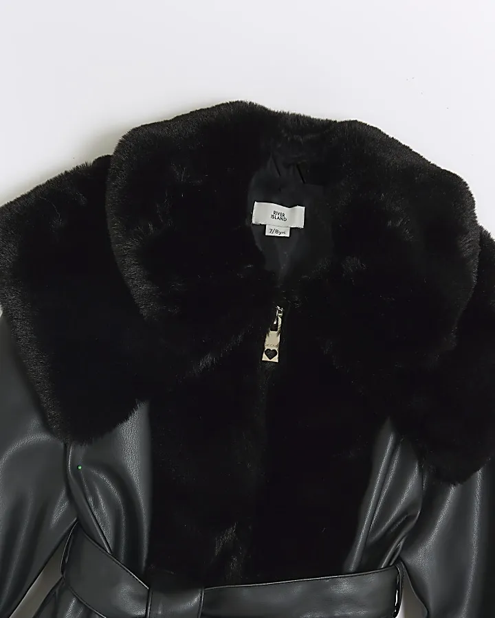 Girls Black Faux Fur Belted Coat