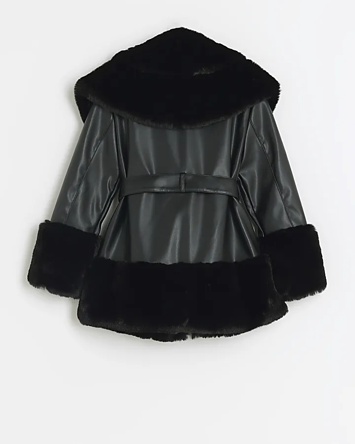 Girls Black Faux Fur Belted Coat