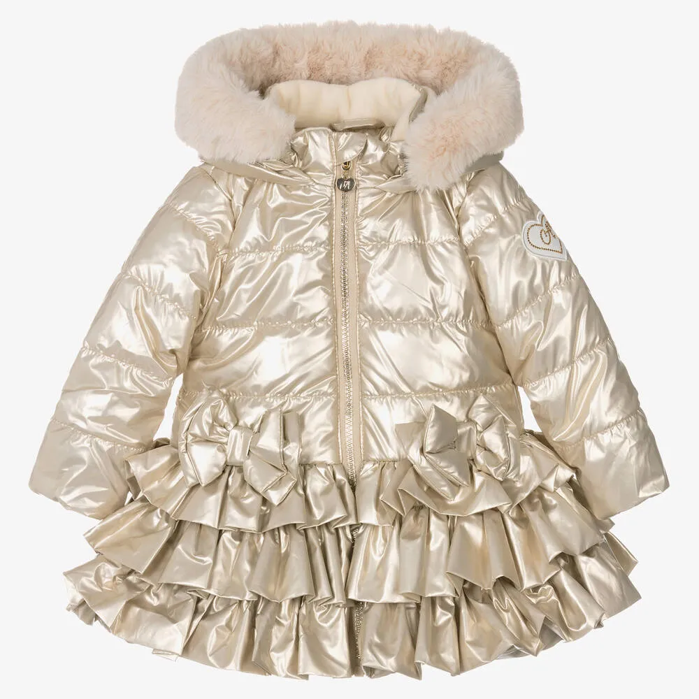 Girls Gold Ruffle Hooded Puffer Coat