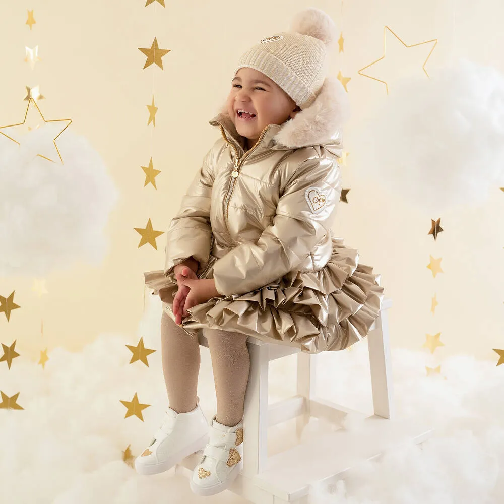 Girls Gold Ruffle Hooded Puffer Coat