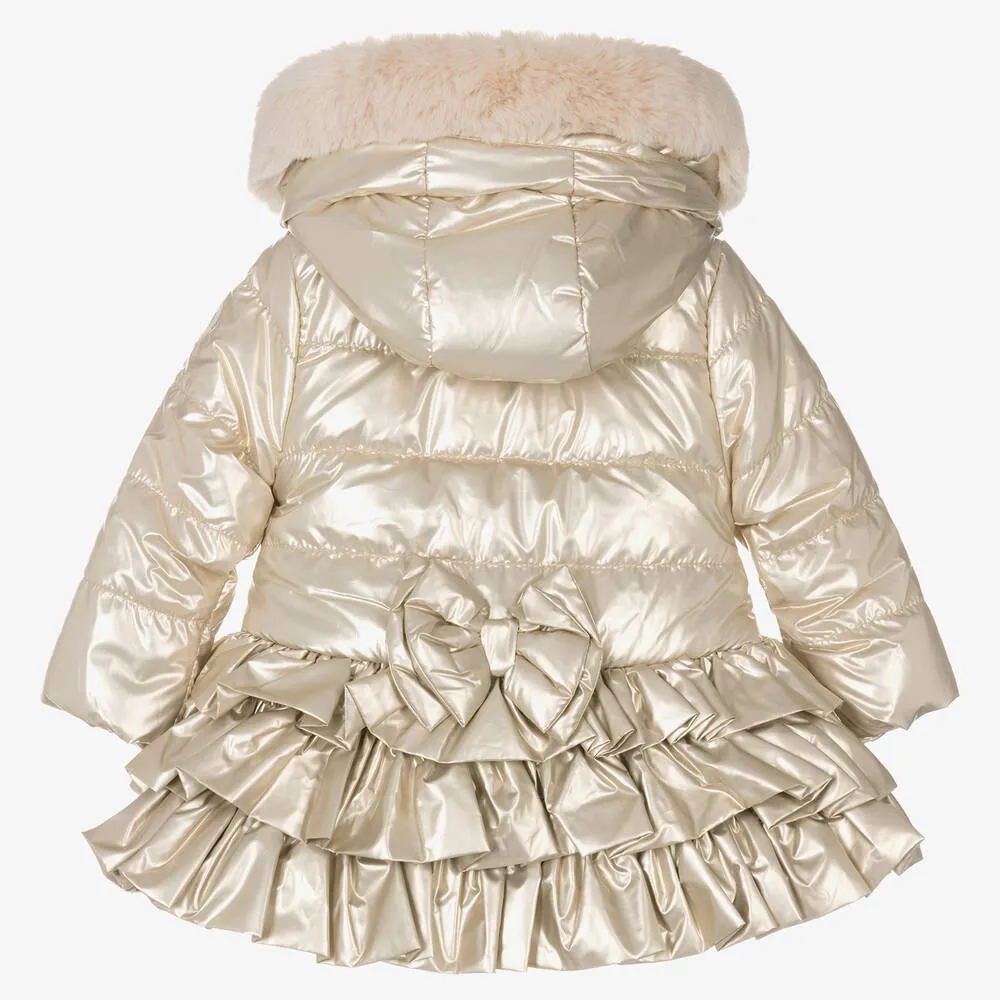 Girls Gold Ruffle Hooded Puffer Coat