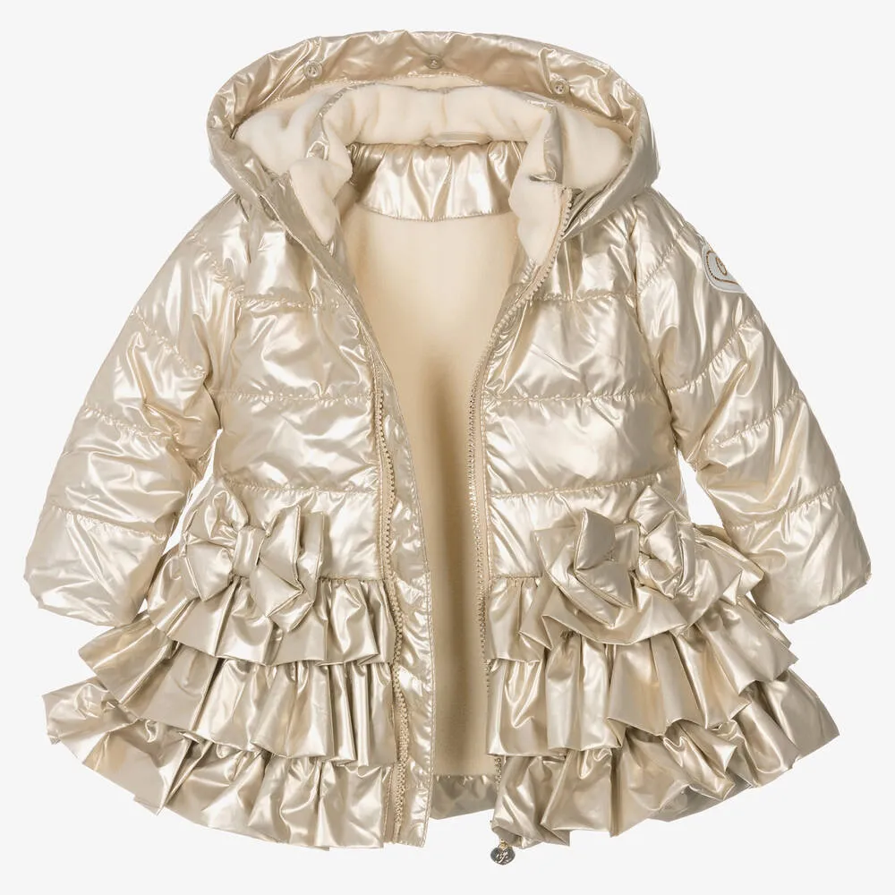 Girls Gold Ruffle Hooded Puffer Coat