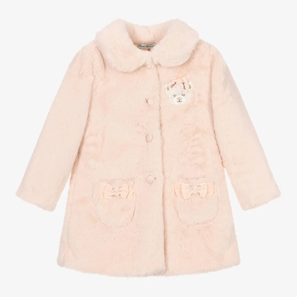 Girls Pink Faux Fur Bow Coat 