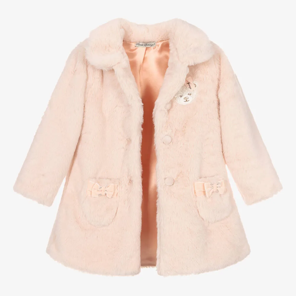 Girls Pink Faux Fur Bow Coat 