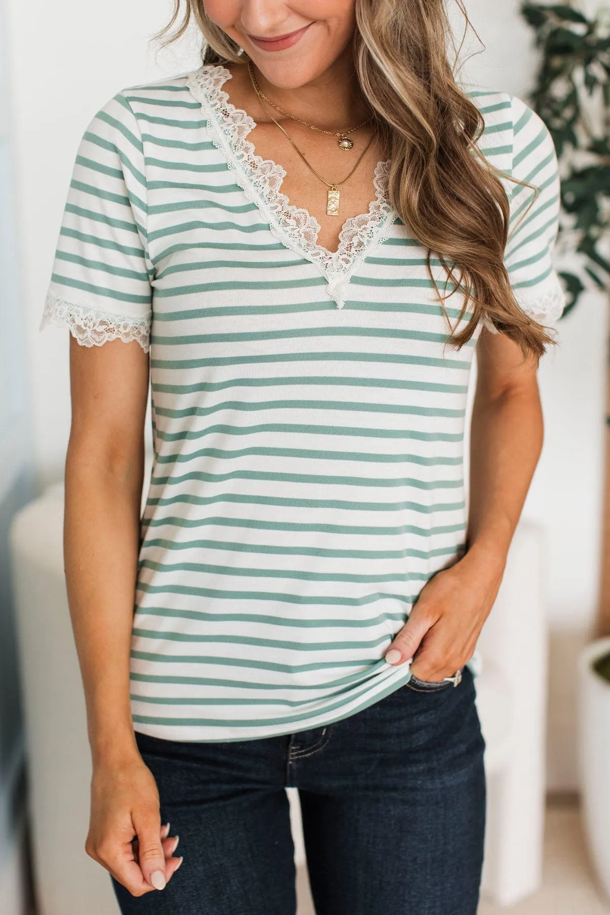 Just The Sweetest Striped Lace Top- Mint & White