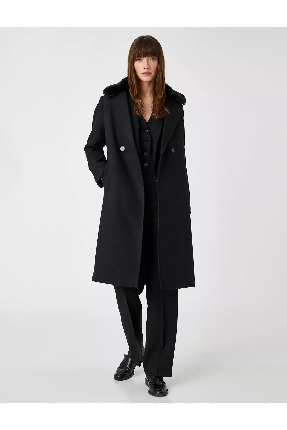 KOTON Plush Belted Double Breasted Coat