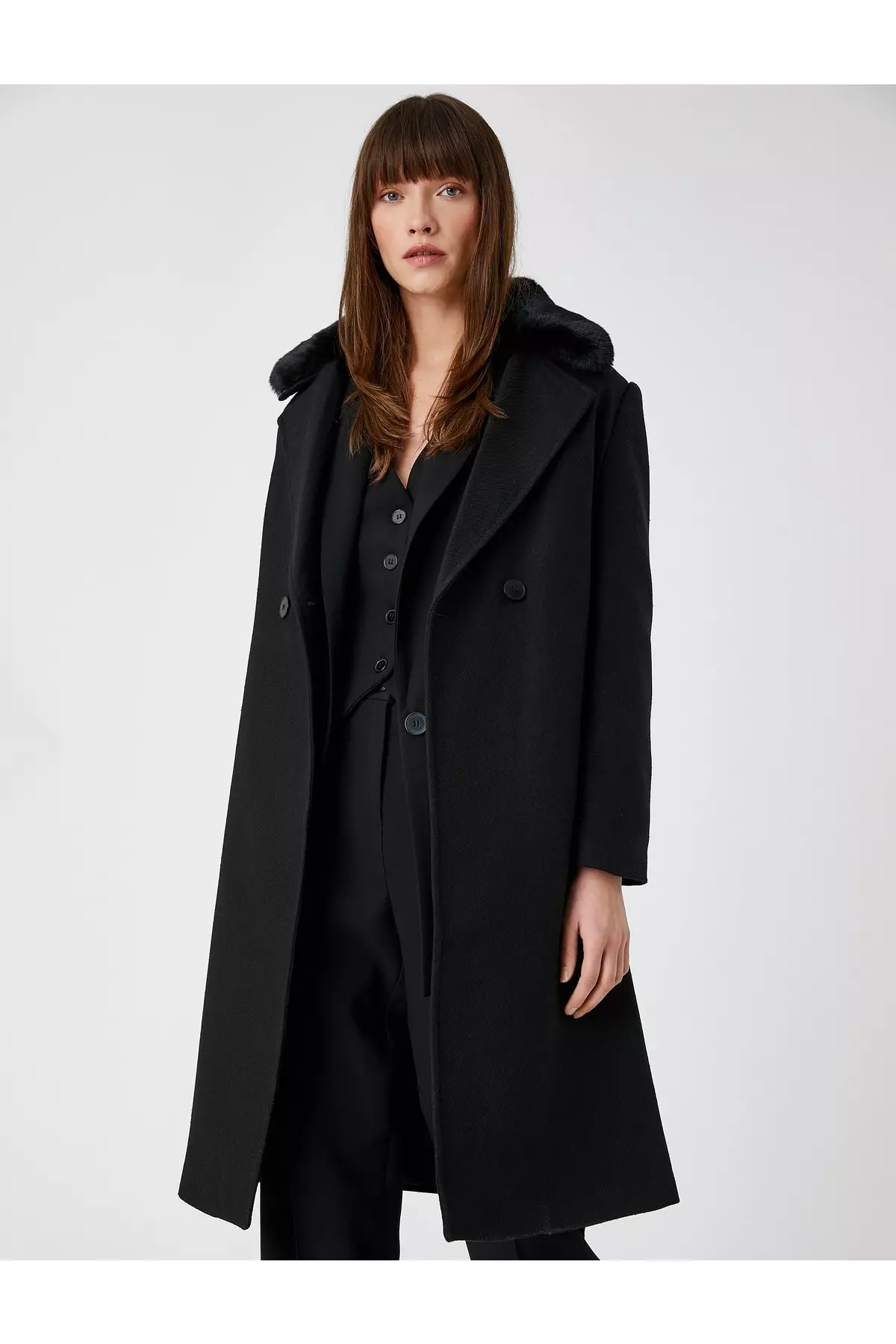 KOTON Plush Belted Double Breasted Coat