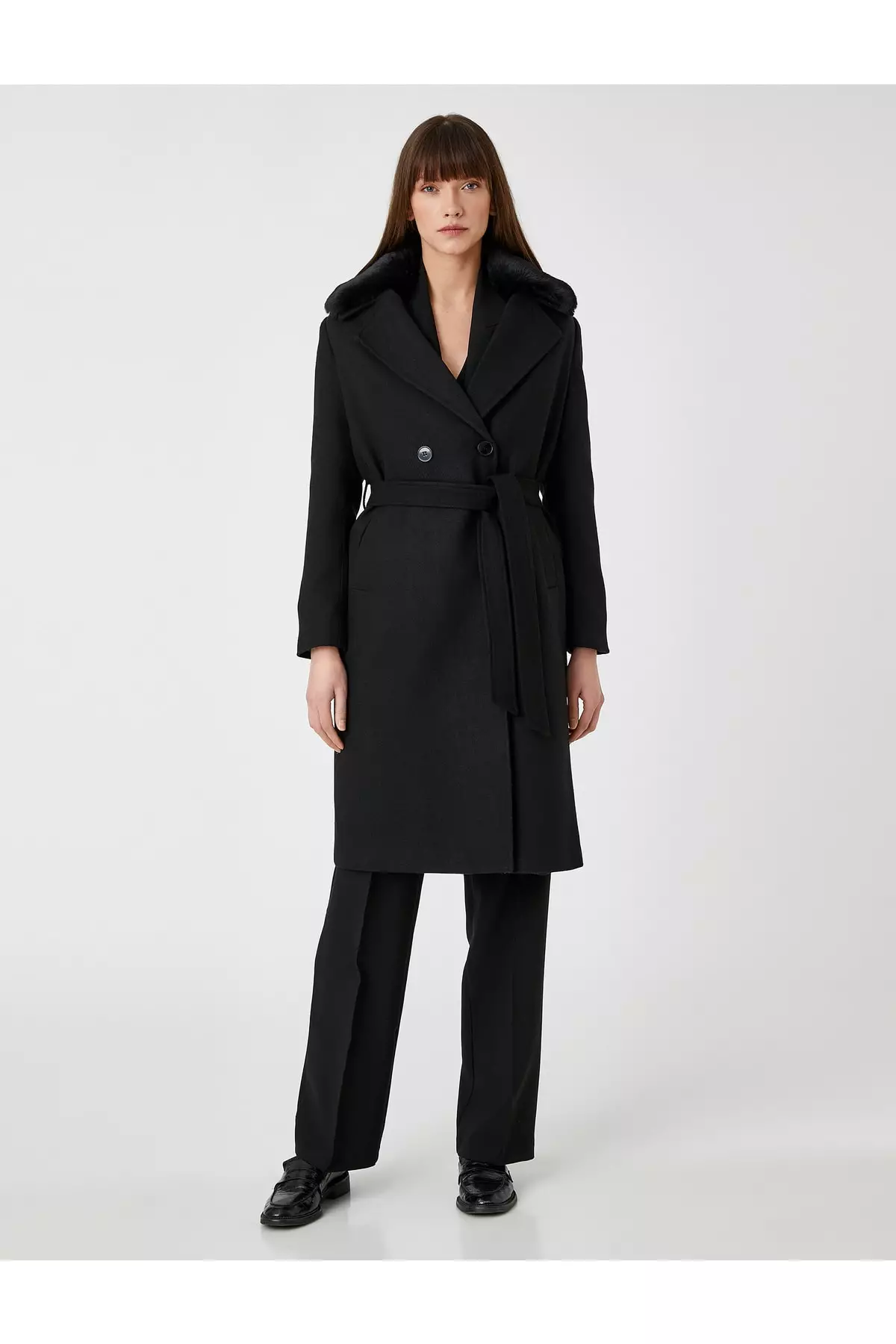 KOTON Plush Belted Double Breasted Coat