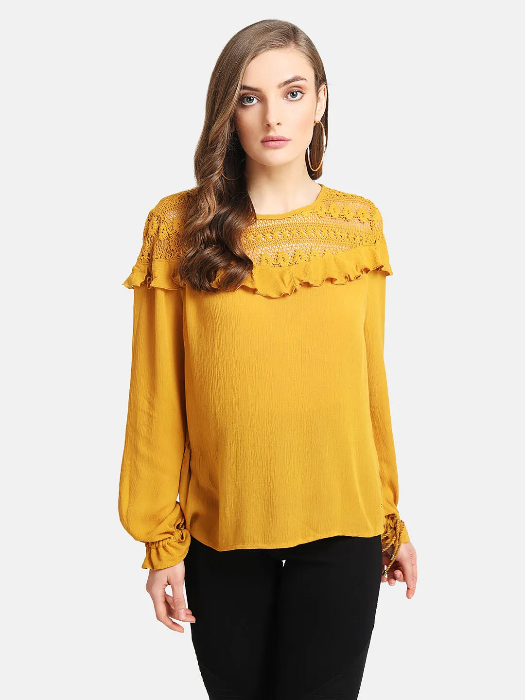 Lace Yoke Ruffle Detail Top