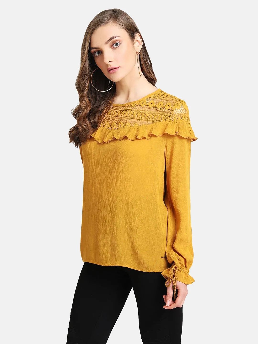 Lace Yoke Ruffle Detail Top