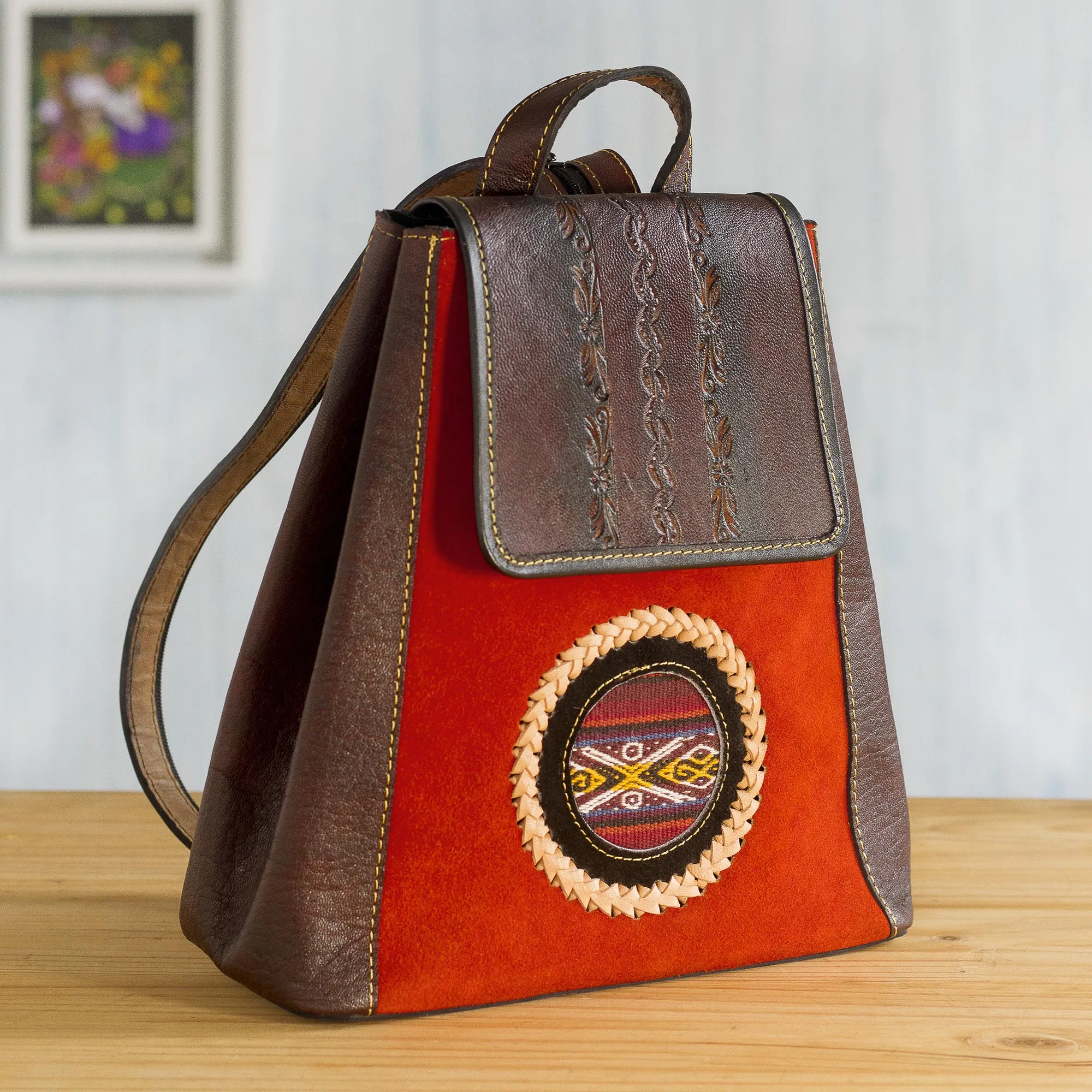 Leather and Suede Backpack with Wool Accent, 