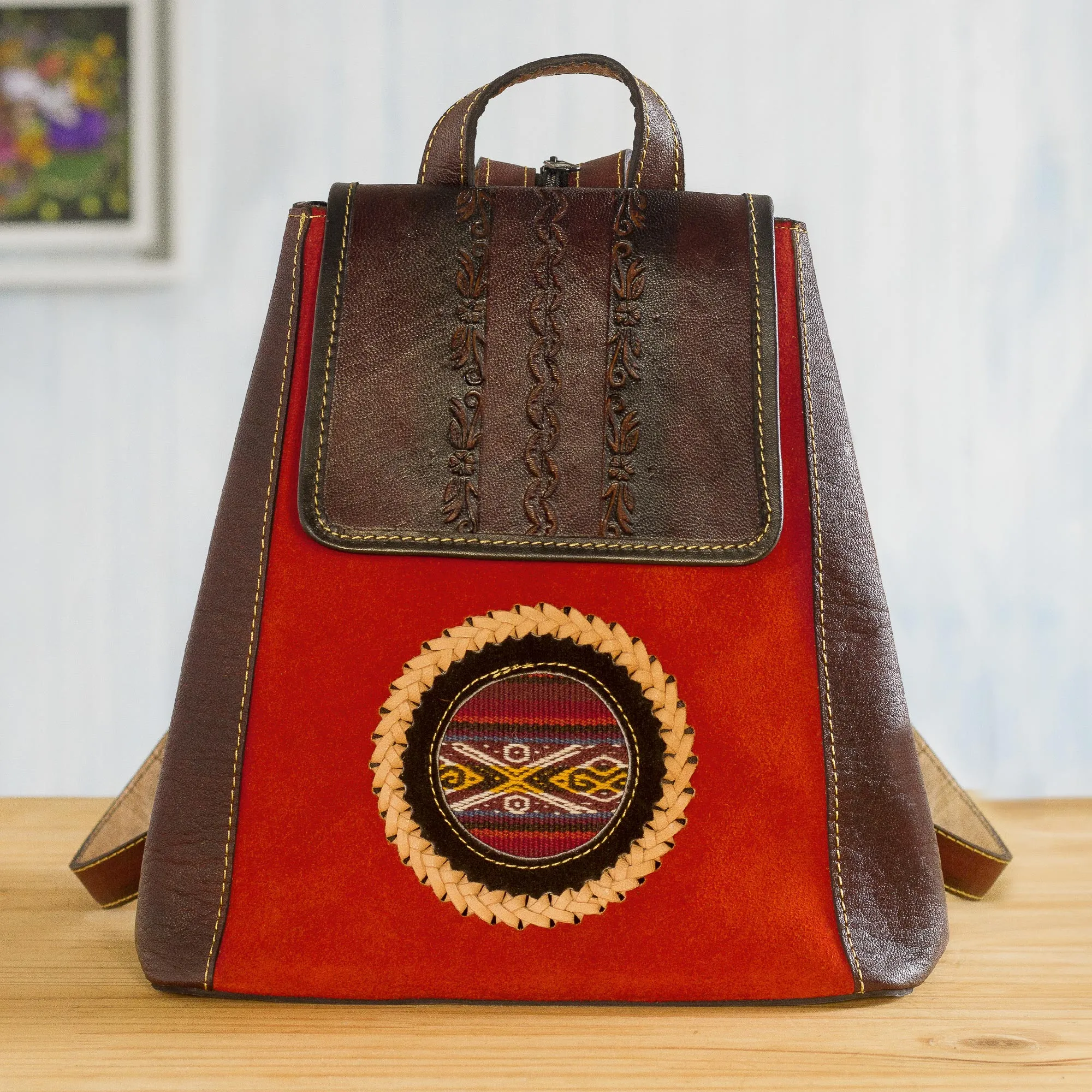 Leather and Suede Backpack with Wool Accent, 