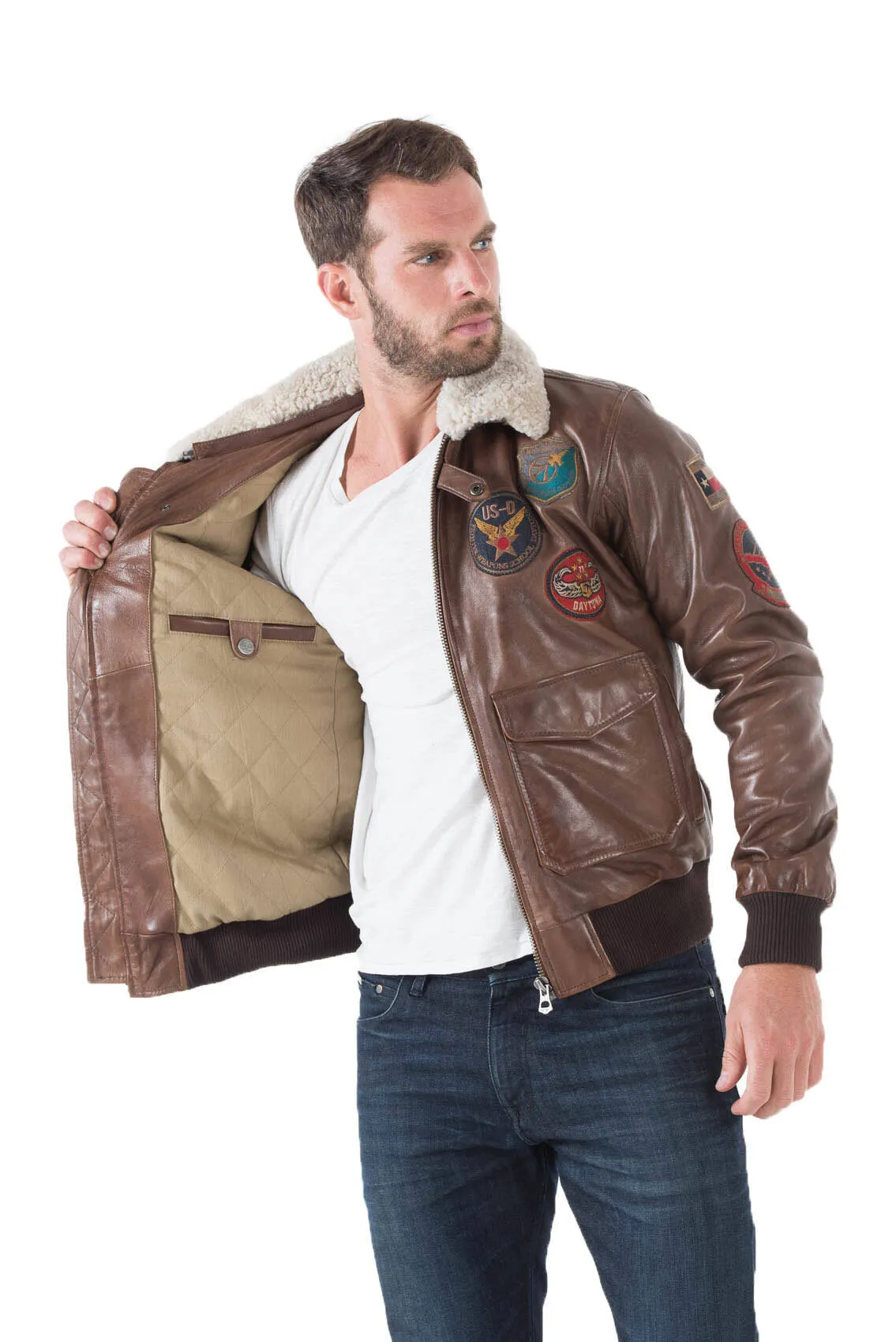 Leather jacket man dark brown aviator style 001577